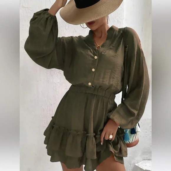 Lantern Sleeve Ruffle Hem Dress - Picture 1 of 10